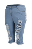 The cowboy blue Fashion Casual Solid Ripped Plus Size Jeans