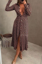Brown Red Casual Print Bandage Patchwork Buckle Turndown Collar Straight Dresses