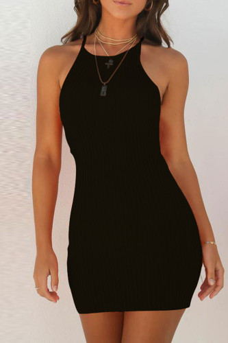 Черное модное сексуальное однотонное базовое платье без рукавов с круглым вырезом