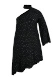 ブラックファッションセクシープラスサイズプリントくり抜かれたタートルネック長袖ドレス