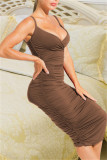 Brown Fashion Sexy Solid Backless Fold V-Ausschnitt Sling Dress