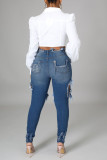 Blaue, zerrissene Street-Jeans aus Patchwork-Jeans mit hoher Taille und normaler Passform