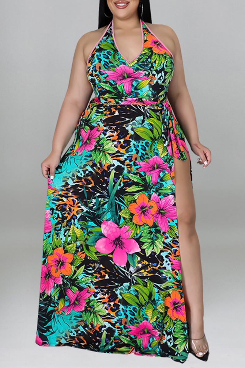 

Green Sweet Print Split Joint Halter Cake Skirt Plus Size Swimwear