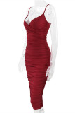 Vinröd Mode Sexig Solid Backless Vik V-hals Sling Dress