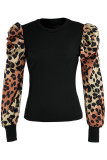 Zwarte mode casual print luipaard patchwork tops met O-hals