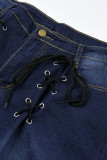 Tiefblaue, lässige, solide Bandage-Patchwork-Jeans in Übergröße