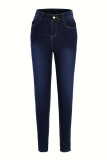 Dark Blue Fashion Casual Solid Basic High Waist Regular Denim Jeans