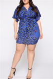 Blå Mode Casual Plus Size Print Leopard Basic V-ringad kortärmad klänning