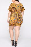 Yellow Fashion Casual Plus Size Print Leopard Basic V Neck Short Sleeve Dress