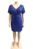 Blue Fashion Casual Plus Size Print Leopard Basic V Neck Short Sleeve Dress