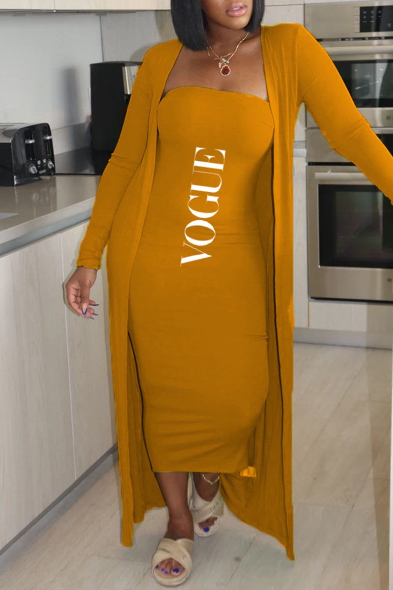 

Yellow Casual Print Split Joint Strapless Long Sleeve Two Pieces