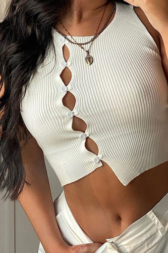 White Sexy Street Solid Hollowed Out Patchwork Buckle O Neck Tops