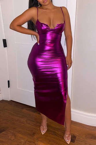 Purple Sexy Solid Split Joint Slit Spaghetti Strap Sling Dress Dresses