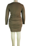 Beige Fashion Sexy Solid Draw String Square Collar Long Sleeve Plus Size Dresses