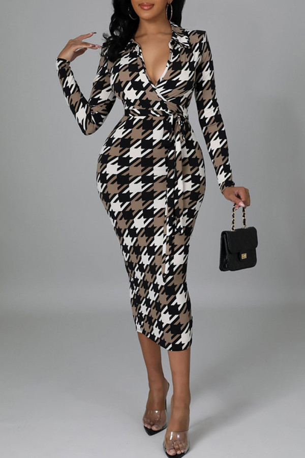 茶色のセクシーな格子縞のプリント包帯パッチワーク V ネック ワン ステップ スカート ドレス