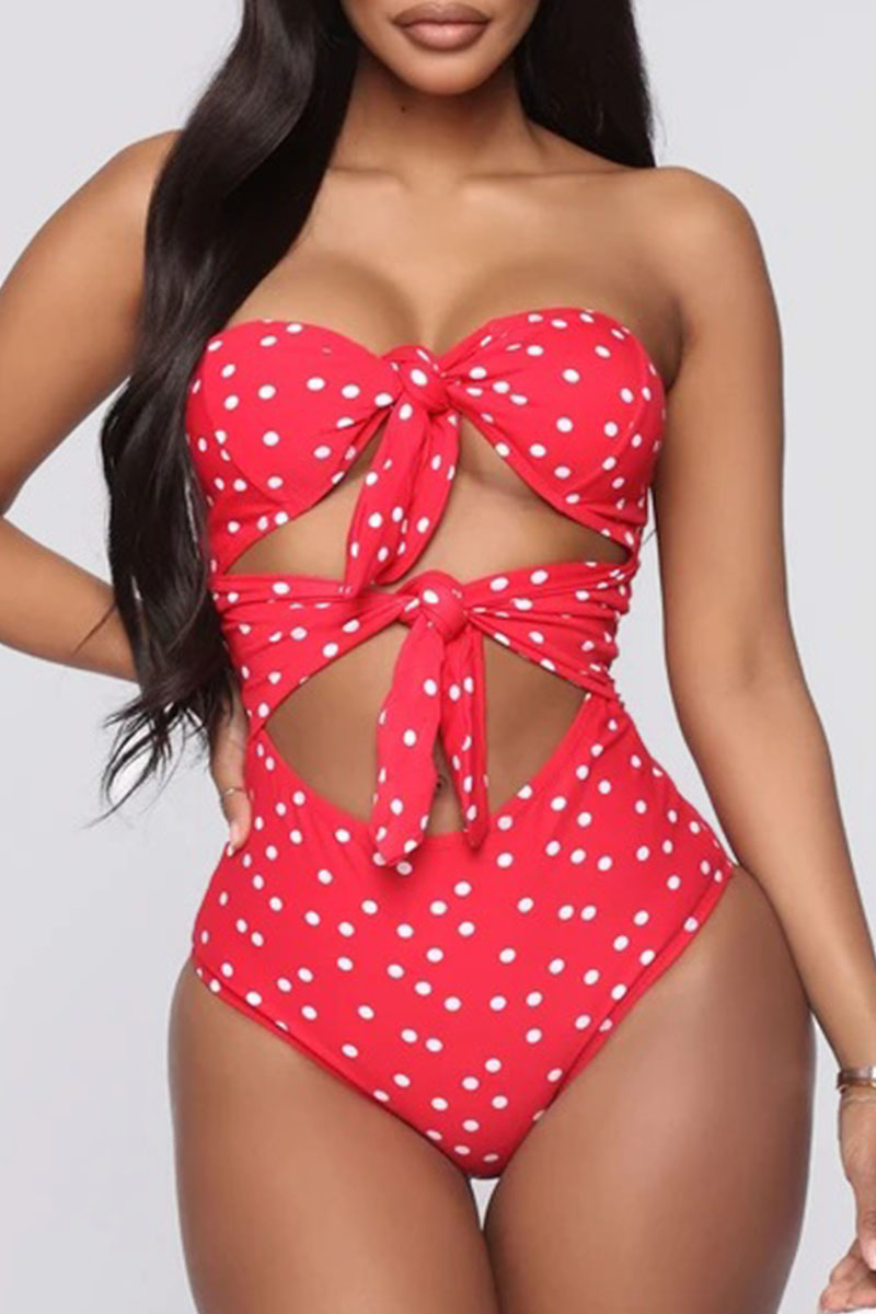 

Red Sexy Print Polka Dot Split Joint Knotted Swimwears