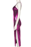 Фиолетовое сексуальное однотонное платье в стиле пэчворк с разрезом на тонких бретелях