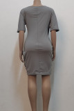Grey Casual Solid Patchwork Asymmetrical O Neck One Step Skirt Dresses