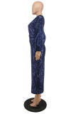 Robe de soirée bleu mode patchwork sexy paillettes fente col en V manches longues