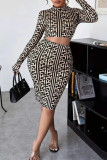 Khaki Sexy Print Hollowed Out Patchwork O Neck One Step Skirt Dresses