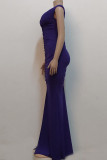 Purple Sexy Elegant Solid Patchwork Slit Fold V Neck Straight Dresses