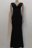 Zwarte sexy elegante effen patchwork split vouw V-hals rechte jurken