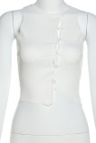 White Sexy Street Solid Hollowed Out Patchwork Buckle O Neck Tops
