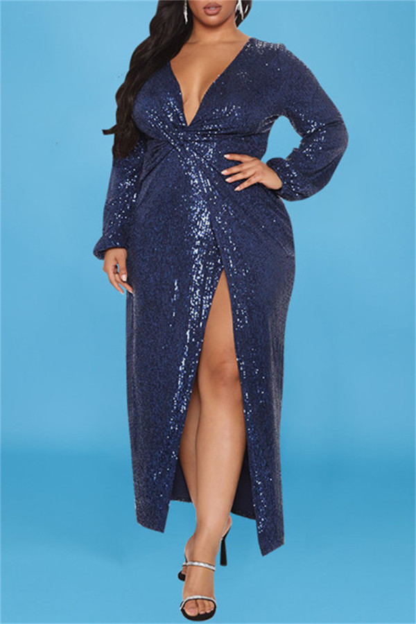 ブルーファッションセクシープラスサイズパッチワークスパンコールスリットVネックイブニングドレス