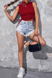 Red Sexy Solid Patchwork Draw String Metade Gola Alta Tops