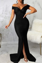 Schwarze, sexy, elegante, solide Patchwork-Kleider mit Schlitz und Falten und V-Ausschnitt