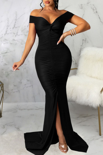 Black Sexy Elegant Solid Split Joint Slit Fold V Neck Straight Dresses