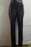 Pantalones de color sólido de lápiz de cintura alta de patchwork sólido de calle de moda negro