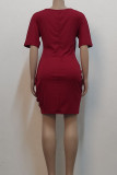 Burgundy Casual Solid Patchwork Asymmetrical O Neck One Step Skirt Dresses