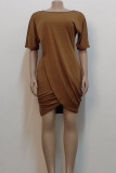 Brown Casual Solid Patchwork Asymmetrical O Neck One Step Skirt Dresses
