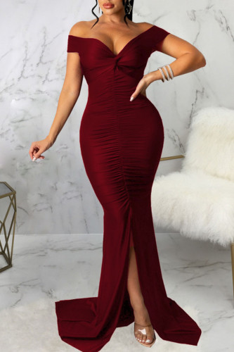 Burgundy Sexy Elegant Solid Patchwork Slit Fold V Neck Straight Dresses