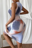 ライトブルーカジュアルプリントパッチワークOネックペンシルスカートドレス