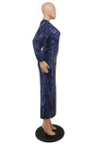 Blå Mode Sexig Patchwork Paljetter Slit V-hals Långärmad Aftonklänning