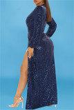 Blue Fashion Sexy Patchwork Pailletten Schlitz V-Ausschnitt mit langen Ärmeln Abendkleid