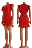 Tangerine Red Sexy Solid Patchwork Flounce Asymmetrical V Neck Irregular Dress Dresses