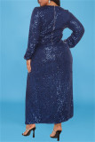 Vestido de noche con escote en V y abertura en las lentejuelas de talla grande sexy azul a la moda