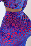 Blu sexy stampa patchwork cerniera collare manica lunga due pezzi