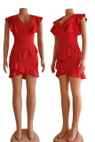 Tangerine Red Sexy Solid Patchwork Flounce Asymmetrical V Neck Irregular Dress Dresses