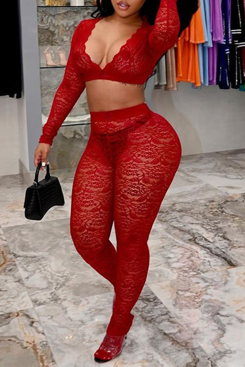 

Red Sexy Solid Hollowed Out Split Joint See-through V Neck Long Sleeve Two Pieces