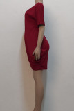 Burgundy Casual Solid Patchwork Asymmetrical O Neck One Step Skirt Dresses