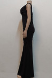 Schwarze, sexy, elegante, solide Patchwork-Kleider mit Schlitz und Falten und V-Ausschnitt