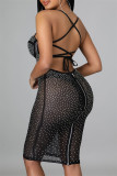 Черное сексуальное лоскутное прозрачное платье без бретелек без рукавов с открытой спиной и перекрестными ремешками