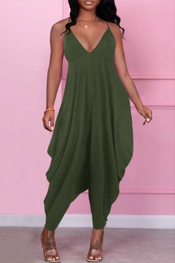 Army Green Sexig Casual Solid Backless Spaghetti Strap Vanliga Jumpsuits
