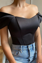 Zwart sexy effen patchwork asymmetrische off-shoulder tops