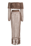 Белое сексуальное прозрачное платье с пирсингом и открытыми плечами из двух частей с длинным рукавом