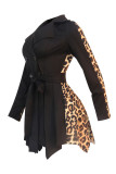 Khaki Fashion Casual Print Patchwork Turndown Collar Long Sleeve Dresses